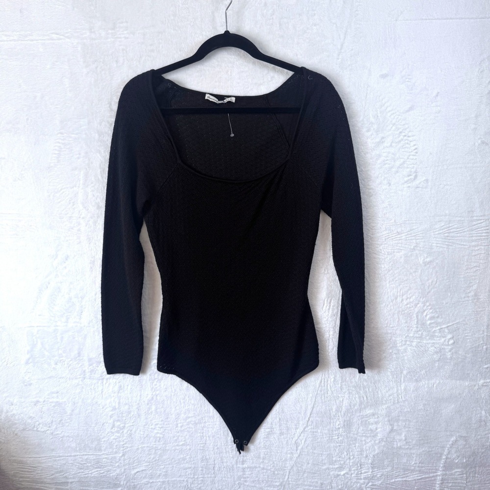 Abercrombie Fitch Black Pointelle Square Neck Long Sleeve Bodysuit Women‎ SZ L